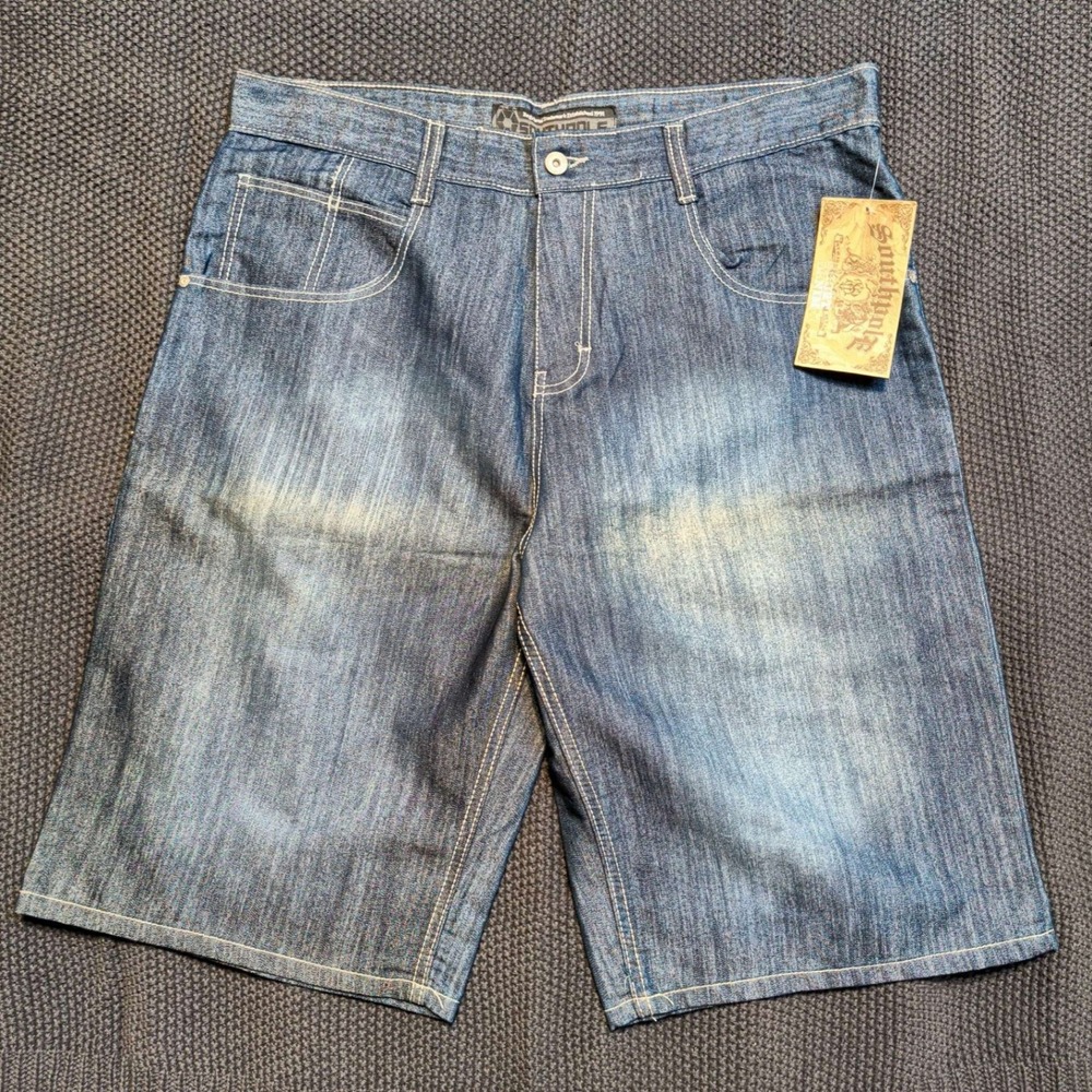 Southpole Denim Shorts Mens 38 Blue Baggy Y2K Embroidered Sandblasted NWT